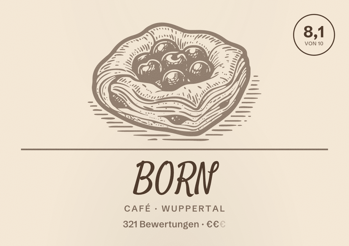 Illustriertes Poster von BORN, Café in Wuppertal: Gästebewertung 8,1 von 10 aus 321 Bewertungen