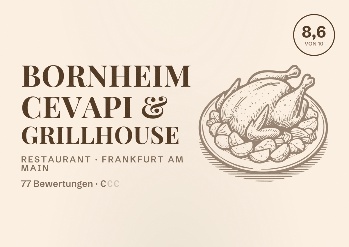 Illustriertes Poster von Bornheim Cevapi & Grillhouse, Restaurant in Frankfurt am Main: Bewertung 8,6 von 10 aus 77 Bewertungen, Preisniveau €