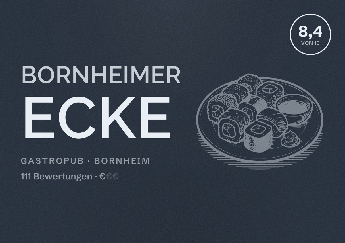 Illustriertes Poster von Bornheimer Ecke, Gastropub in Bornheim: Bewertung 8,4 von 10 aus 111 Bewertungen, Preisniveau €