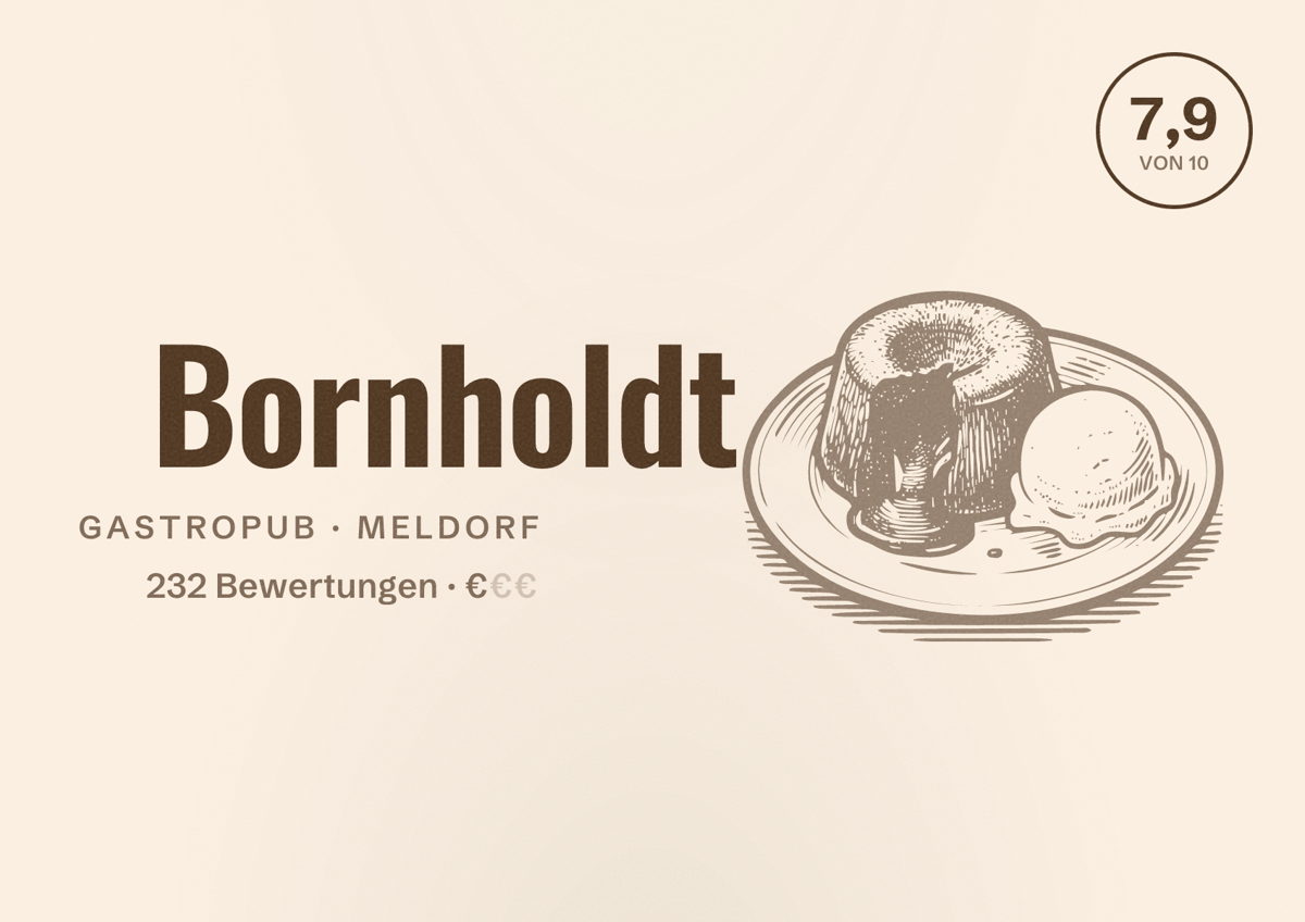 Illustriertes Poster von Bornholdt, Gastropub in Meldorf: Bewertung 7,9 von 10 aus 232 Bewertungen, Preisniveau €