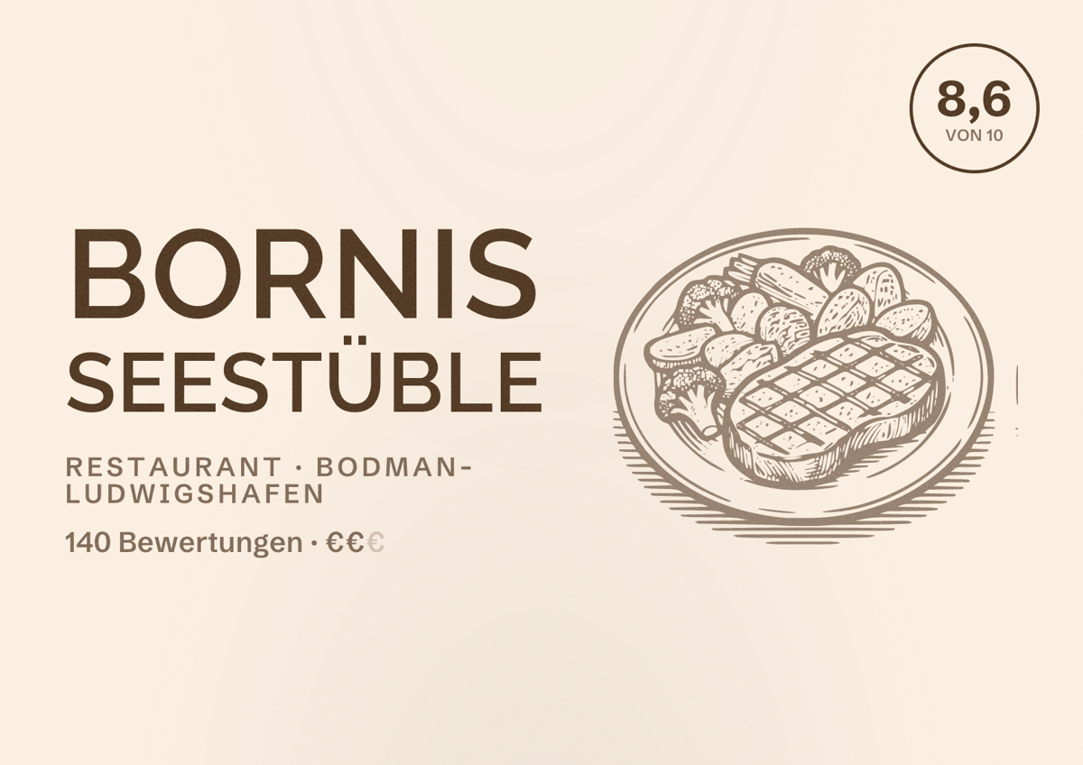 Illustriertes Poster von Bornis Seestüble, Restaurant in Bodman-Ludwigshafen: Bewertung 8,6 von 10 aus 140 Bewertungen, Preisniveau €€