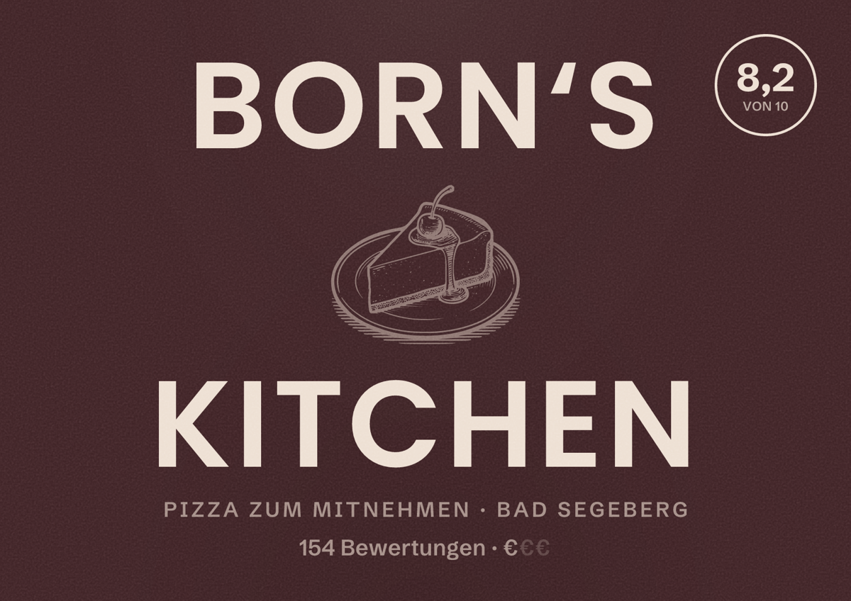 Illustriertes Poster von Born‘s Kitchen, Pizza zum Mitnehmen in Bad Segeberg: Bewertung 8,2 von 10 aus 154 Bewertungen, Preisniveau €