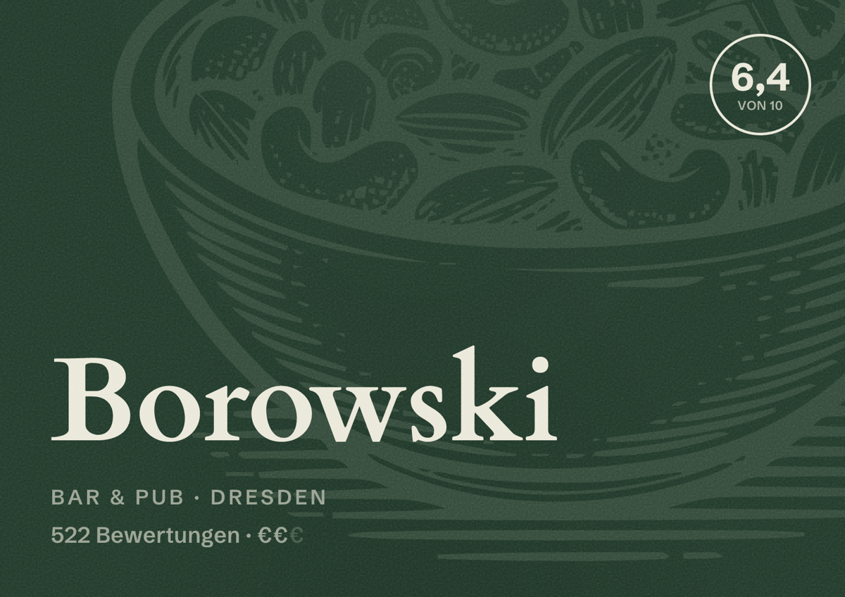 Illustriertes Poster von Borowski, Bar & Pub in Dresden: Bewertung 6,4 von 10 aus 522 Bewertungen, Preisniveau €€