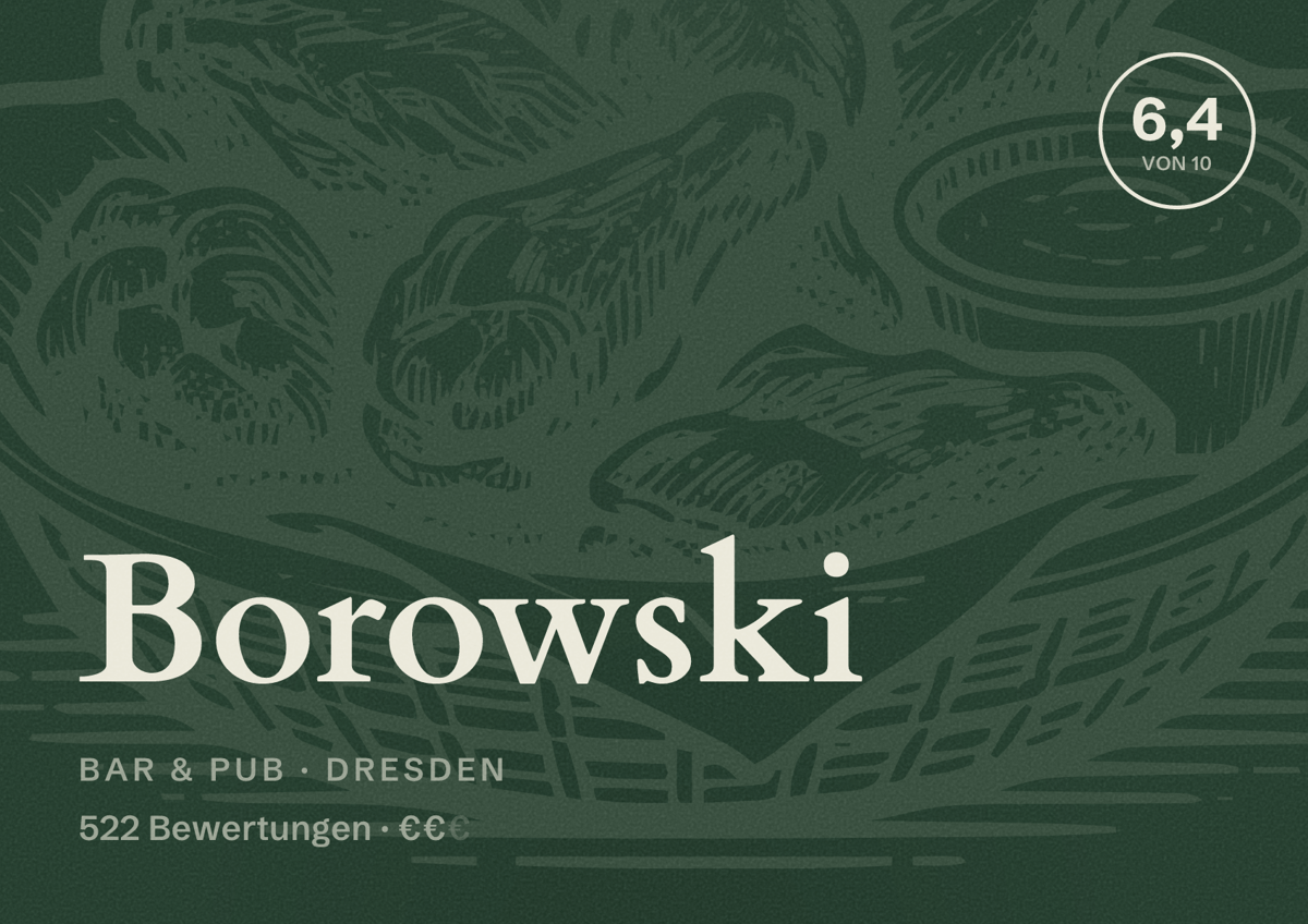 Illustriertes Poster von Borowski, Bar & Pub in Dresden: Bewertung 6,4 von 10 aus 522 Bewertungen, Preisniveau €€