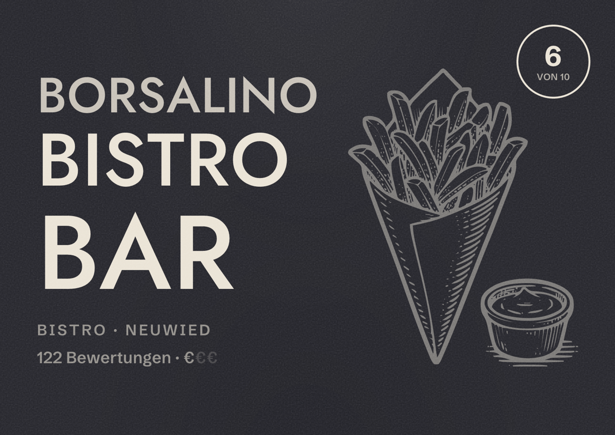 Illustriertes Poster von Borsalino Bistro Bar, Bistro in Neuwied: Bewertung 6 von 10 aus 122 Bewertungen, Preisniveau €