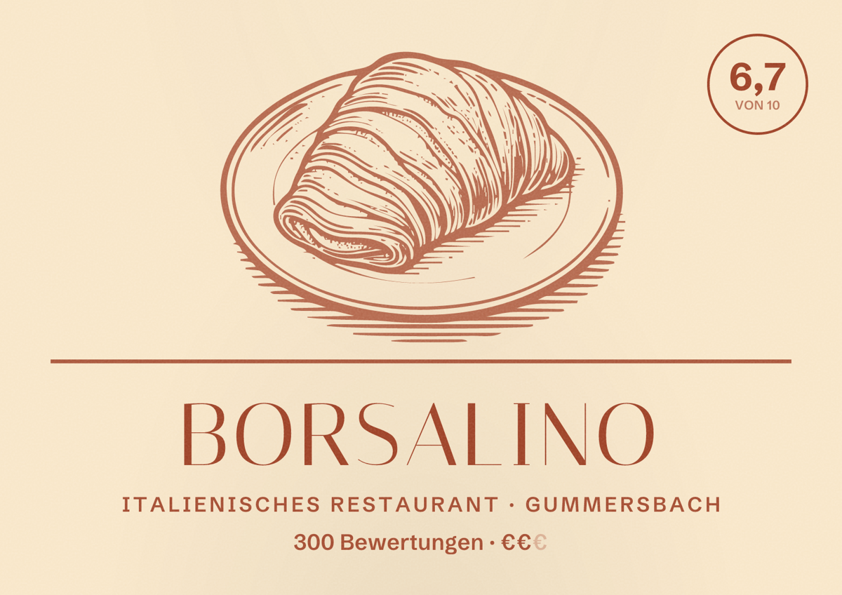 Illustriertes Poster von Borsalino, Italienisches Restaurant in Gummersbach: Bewertung 6,7 von 10 aus 300 Bewertungen, Preisniveau €€