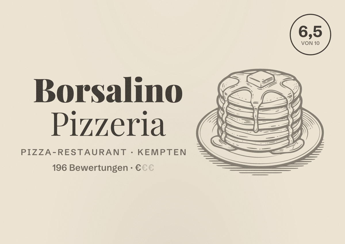 Illustriertes Poster von Borsalino Pizzeria, Pizza-Restaurant in Kempten: Bewertung 6,5 von 10 aus 196 Bewertungen, Preisniveau €