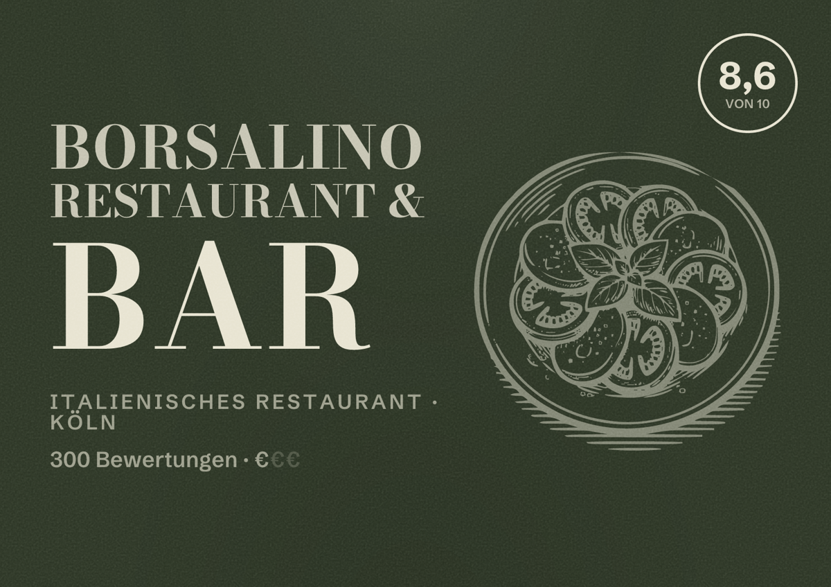 Illustriertes Poster von Borsalino Restaurant & Bar, Italienisches Restaurant in Köln: Bewertung 8,6 von 10 aus 300 Bewertungen, Preisniveau €