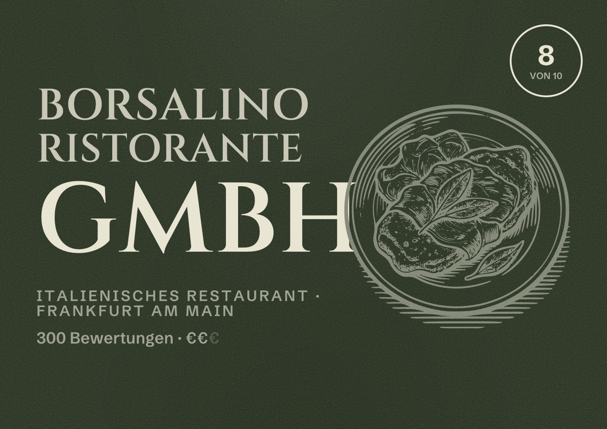 Illustriertes Poster von Borsalino Ristorante GmbH, Italienisches Restaurant in Frankfurt am Main: Bewertung 8,0 von 10 aus 300 Bewertungen, Preisniveau €€