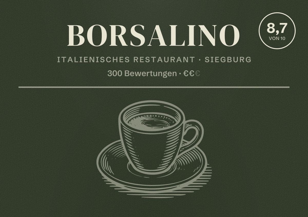 Illustriertes Poster von Borsalino, Italienisches Restaurant in Siegburg: Bewertung 8,7 von 10 aus 300 Bewertungen, Preisniveau €€