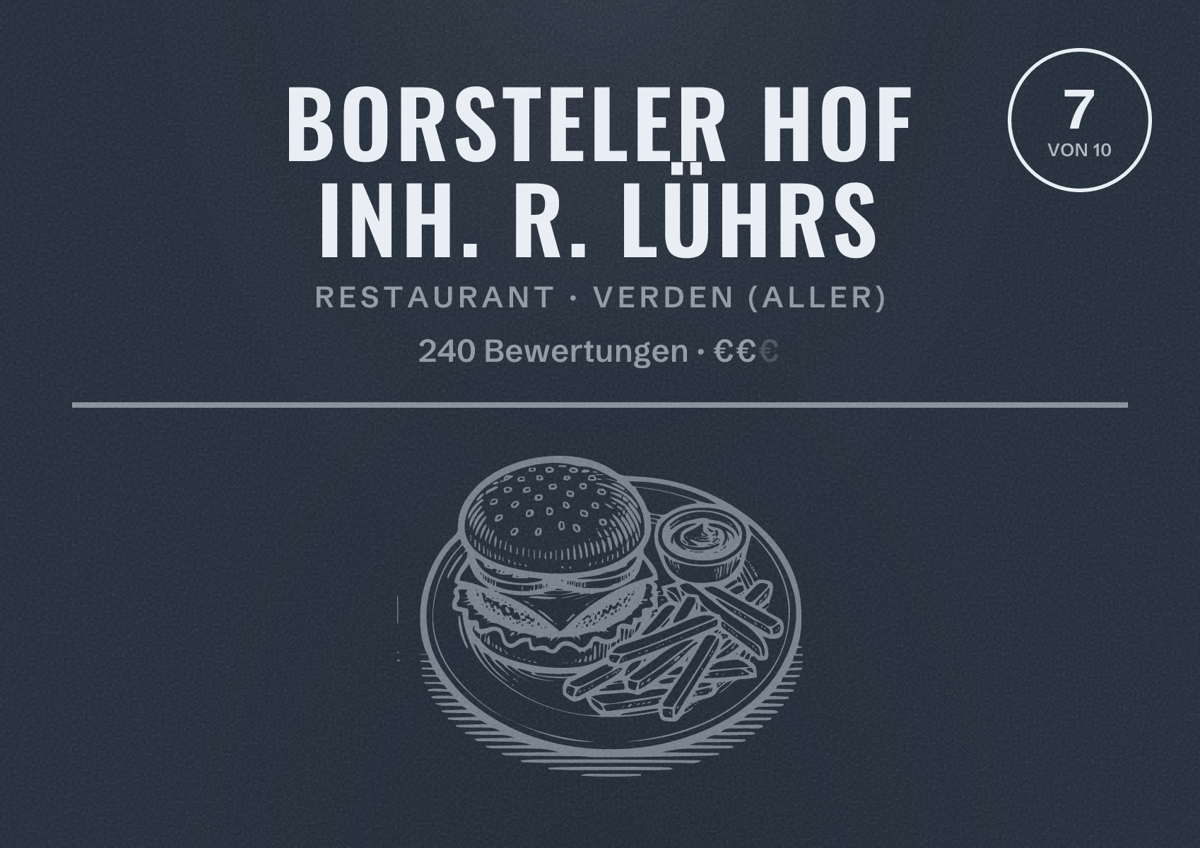 Illustriertes Poster von Borsteler Hof Inh. R. Lührs, Restaurant in Verden (Aller): Bewertung 7 von 10 aus 240 Bewertungen, Preisniveau €€