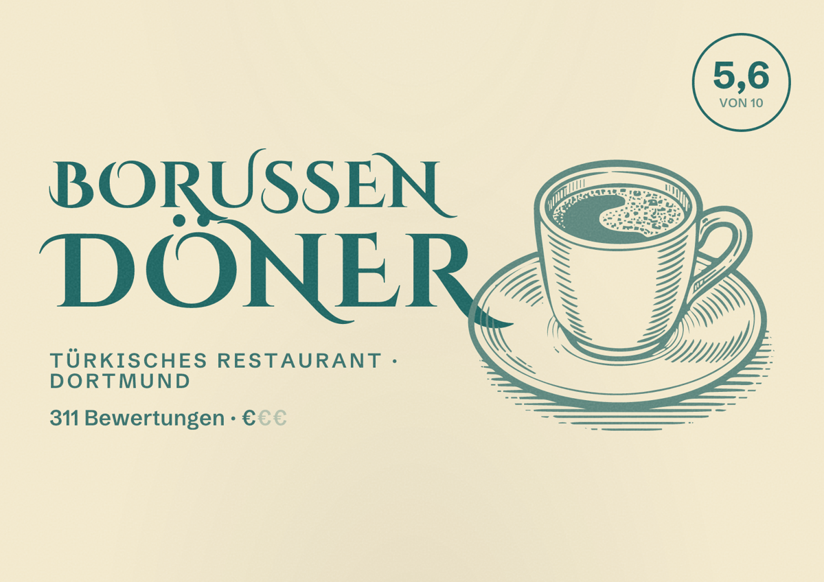 Illustriertes Poster von Borussen Döner, Türkisches Restaurant in Dortmund: Bewertung 5,6 von 10 aus 311 Bewertungen, Preisniveau €