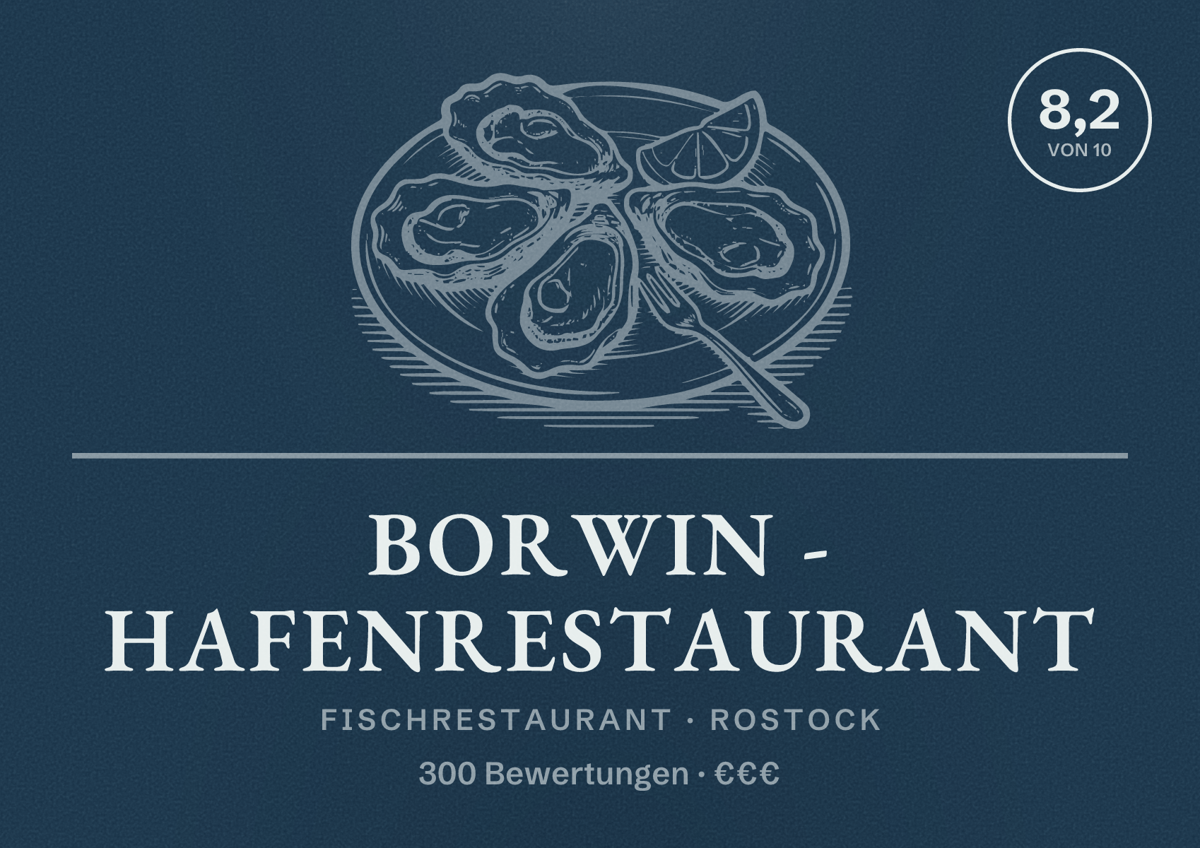 Illustriertes Poster von Borwin - Hafenrestaurant, Fischrestaurant in Rostock: Bewertung 8,2 von 10 aus 300 Bewertungen, Preisniveau €€€