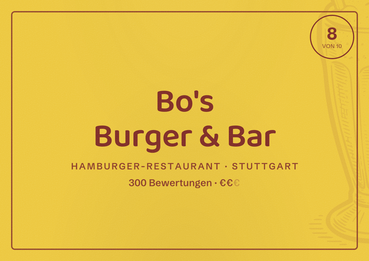 Illustriertes Poster von Bo's Burger & Bar, Hamburger-Restaurant in Stuttgart: Bewertung 8,0 von 10 aus 300 Bewertungen, Preisniveau €€