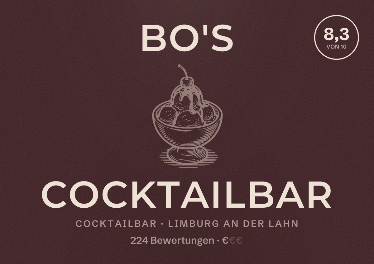 Illustriertes Poster von Bo's Cocktailbar, Cocktailbar in Limburg an der Lahn: Bewertung 8,3 von 10 aus 224 Bewertungen, Preisniveau €