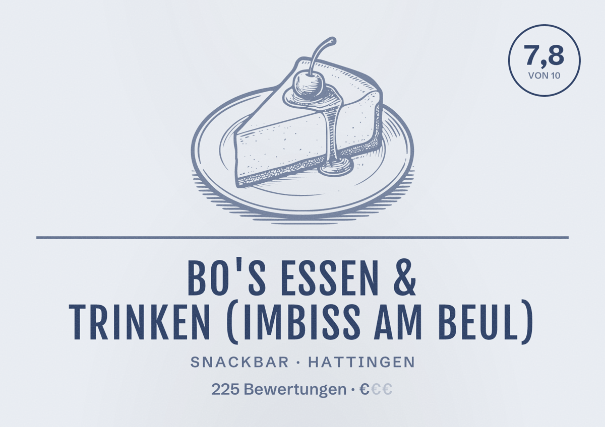 Illustriertes Poster von Bo's Essen & Trinken (Imbiss Am Beul), Snackbar in Hattingen: Bewertung 7,8 von 10 aus 225 Bewertungen, Preisniveau €