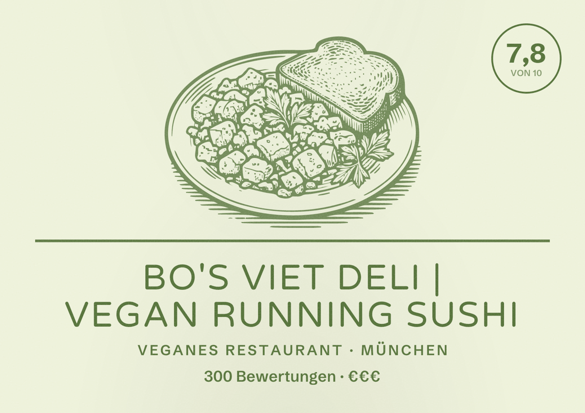 Illustriertes Poster von bo's viet deli | Vegan Running Sushi, Veganes Restaurant in München: Bewertung 7,8 von 10 aus 300 Bewertungen, Preisniveau €€€