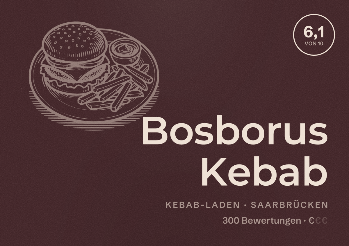 Illustriertes Poster von Bosborus Kebab, Kebab-Laden in Saarbrücken: Bewertung 6,1 von 10 aus 300 Bewertungen, Preisniveau €
