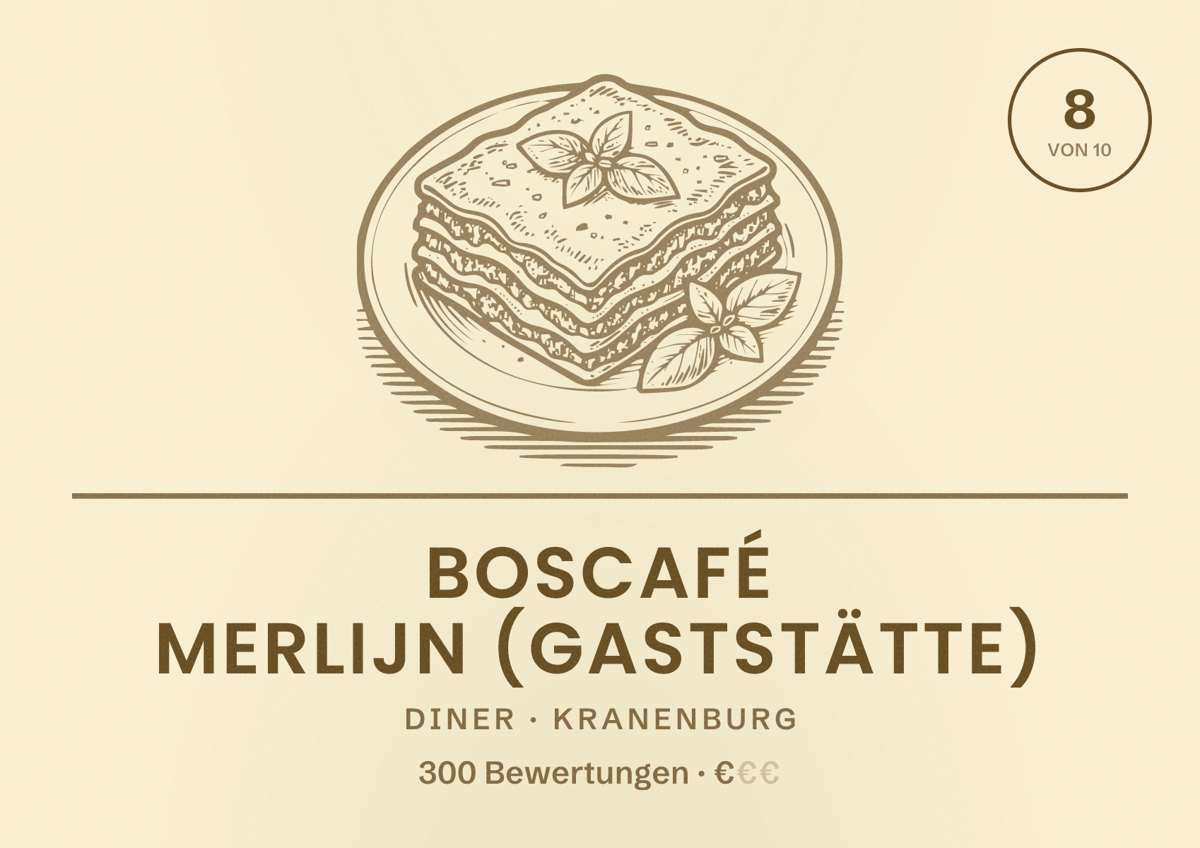 Illustriertes Poster von Boscafé Merlijn (Gaststätte), Diner in Kranenburg: Bewertung 8 von 10 aus 300 Bewertungen, Preisniveau €