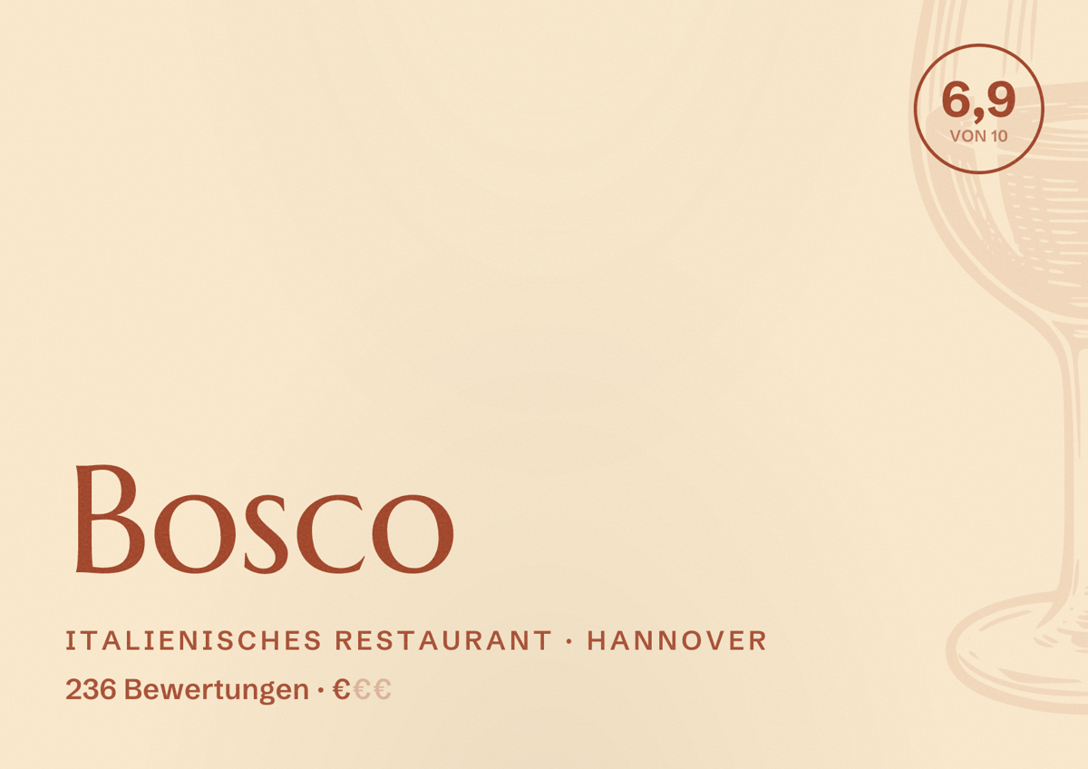 Illustriertes Poster von Bosco, Italienisches Restaurant in Hannover: Bewertung 6,9 von 10 aus 236 Bewertungen, Preisniveau €