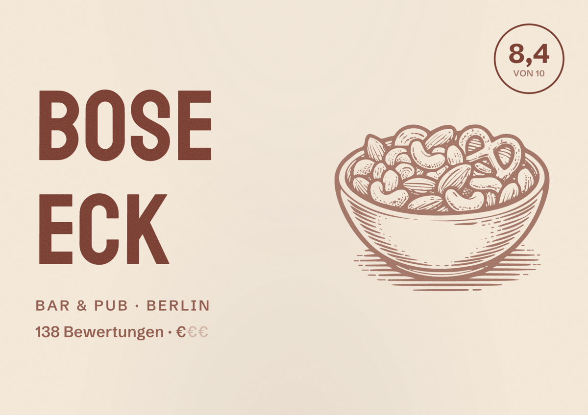 Illustriertes Poster von Bose Eck, Bar & Pub in Berlin: Bewertung 8,4 von 10 aus 138 Bewertungen, Preisniveau €