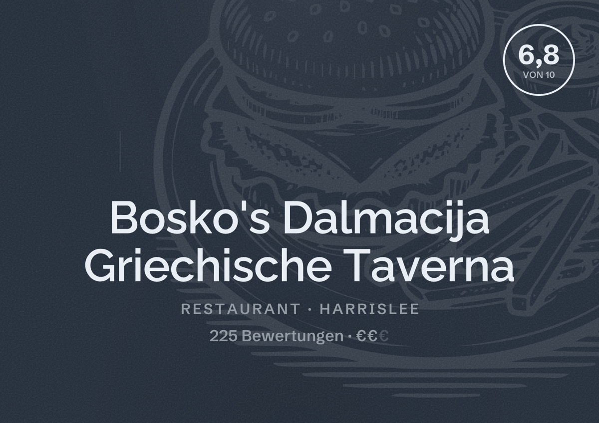 Illustriertes Poster von Bosko's Dalmacija Griechische Taverna, Restaurant in Harrislee: Bewertung 6,8 von 10 aus 225 Bewertungen, Preisniveau €€