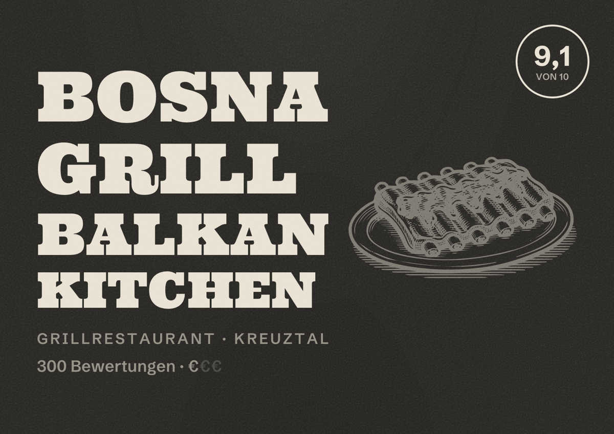Illustriertes Poster von Bosna Grill Balkan Kitchen, Grillrestaurant in Kreuztal: Bewertung 9,1 von 10 aus 300 Bewertungen, Preisniveau €