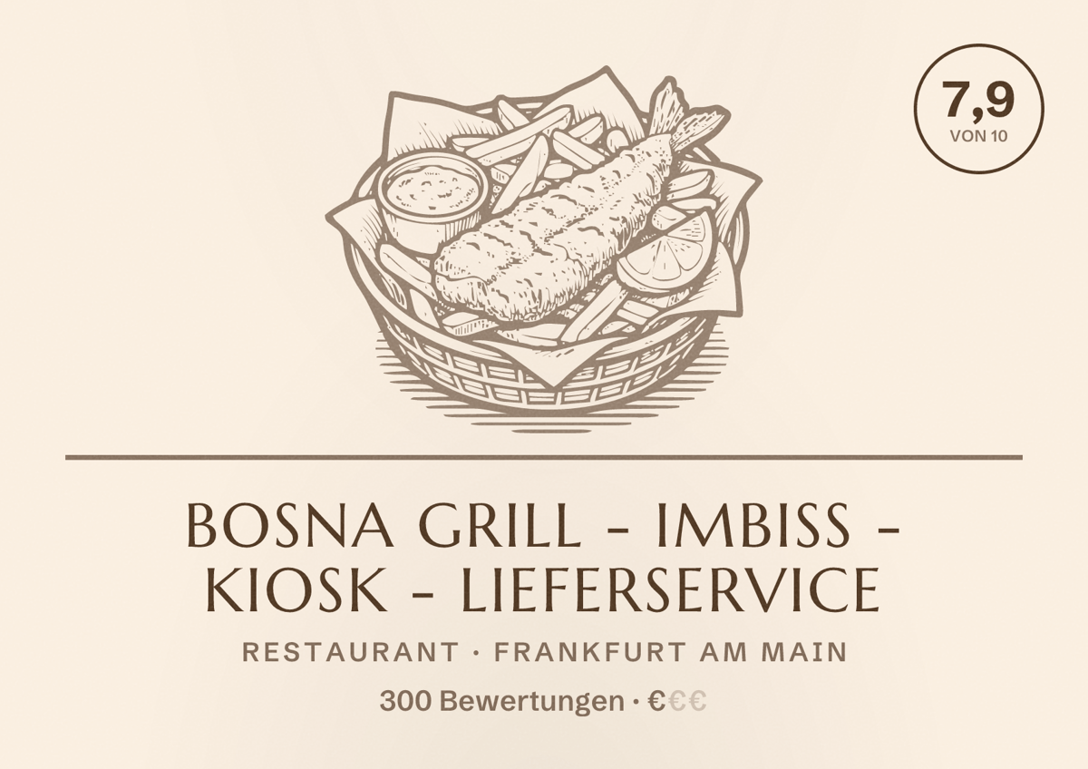 Illustriertes Poster von Bosna Grill - Imbiss - Kiosk - Lieferservice, Restaurant in Frankfurt am Main: Bewertung 7,9 von 10 aus 300 Bewertungen, Preisniveau €