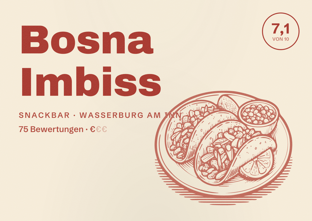 Illustriertes Poster von Bosna Imbiss, Snackbar in Wasserburg am Inn: Bewertung 7,1 von 10 aus 75 Bewertungen, Preisniveau €