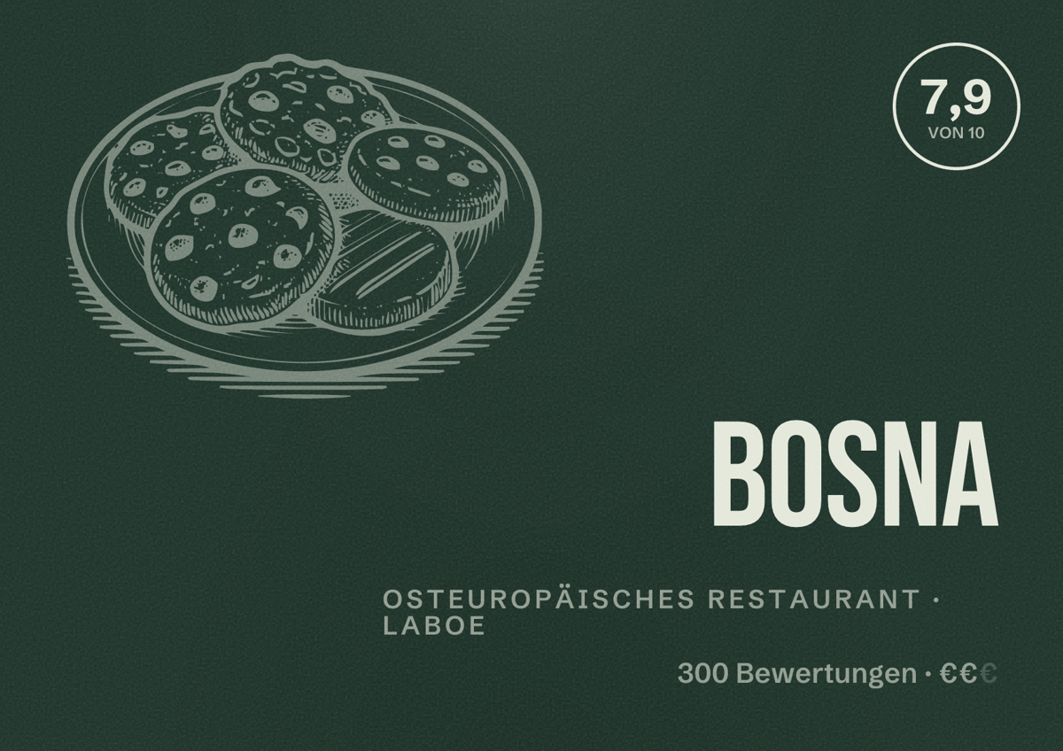 Illustriertes Poster von Bosna, Osteuropäisches Restaurant in Laboe: Bewertung 7,9 von 10 aus 300 Bewertungen, Preisniveau €€