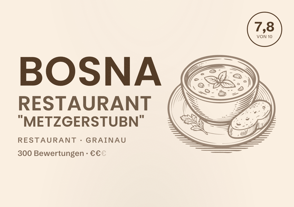 Illustriertes Poster von BOSNA Restaurant "Metzgerstubn", Restaurant in Grainau: Bewertung 7,8 von 10 aus 300 Bewertungen, Preisniveau €€