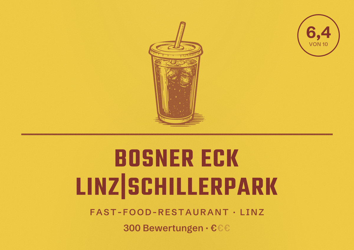 Illustriertes Poster von Bosner Eck Linz|Schillerpark, Fast-Food-Restaurant in Linz: Bewertung 6,4 von 10 aus 300 Bewertungen, Preisniveau €