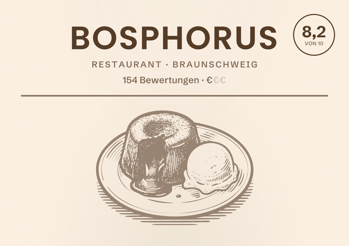 Illustriertes Poster von Bosphorus, Restaurant in Braunschweig: Bewertung 8,2 von 10 aus 154 Bewertungen, Preisniveau €