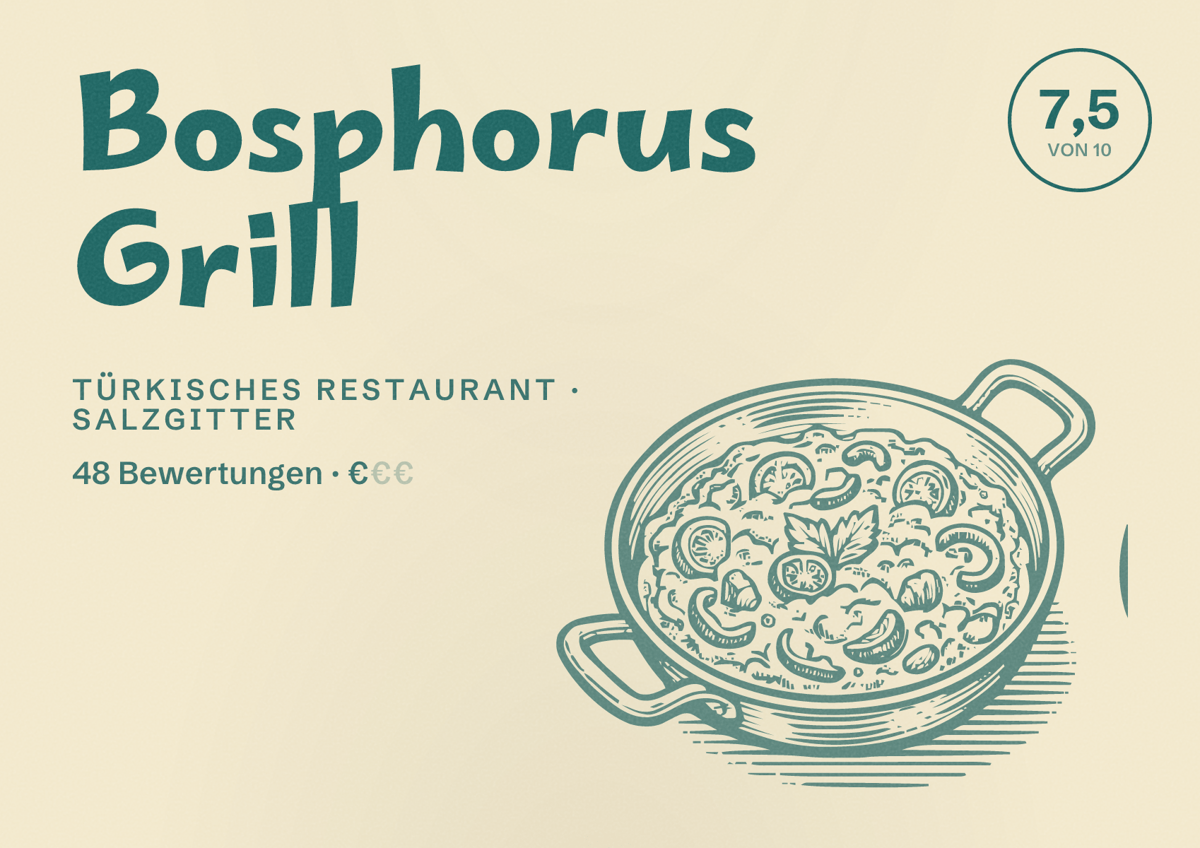 Illustriertes Poster von Bosphorus Grill, Türkisches Restaurant in Salzgitter: Bewertung 7,5 von 10 aus 48 Bewertungen, Preisniveau €