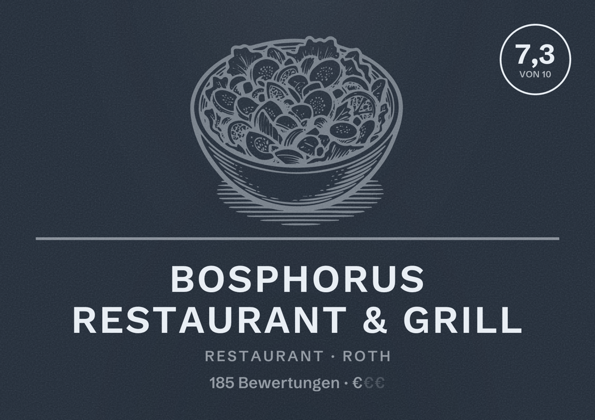 Illustriertes Poster von Bosphorus Restaurant & Grill, Restaurant in Roth: Bewertung 7,3 von 10 aus 185 Bewertungen, Preisniveau €