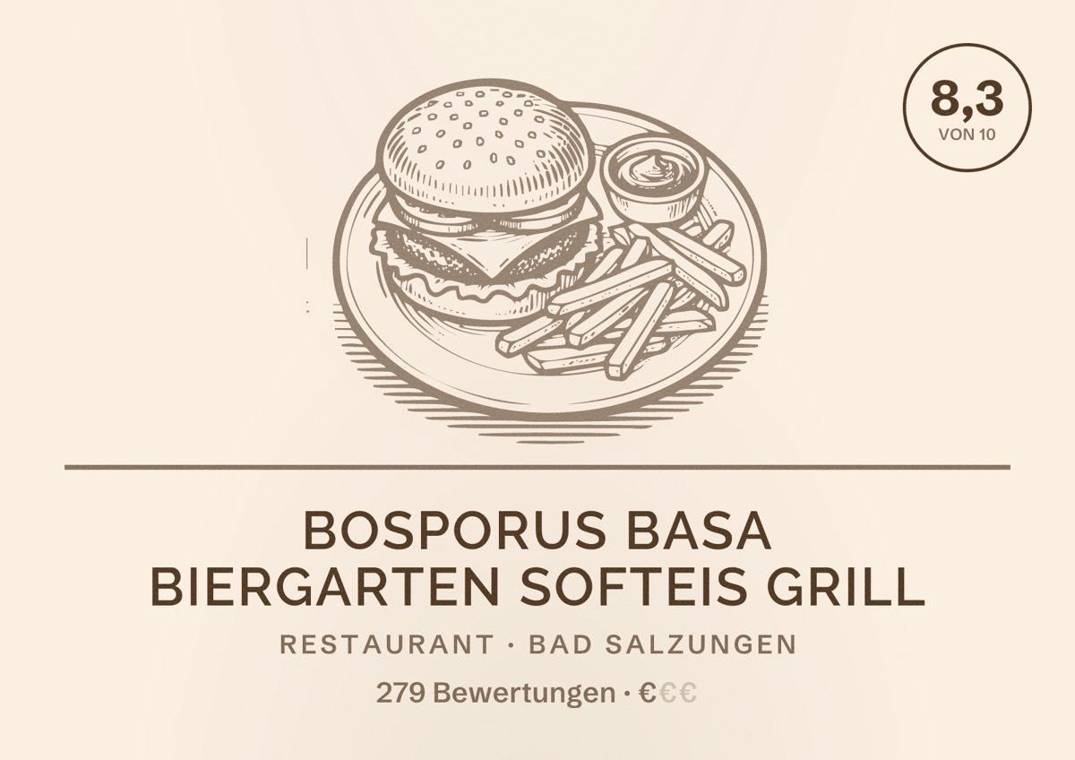 Illustriertes Poster von Bosporus BaSa Biergarten softeis Grill, Restaurant in Bad Salzungen: Bewertung 8,3 von 10 aus 279 Bewertungen, Preisniveau €
