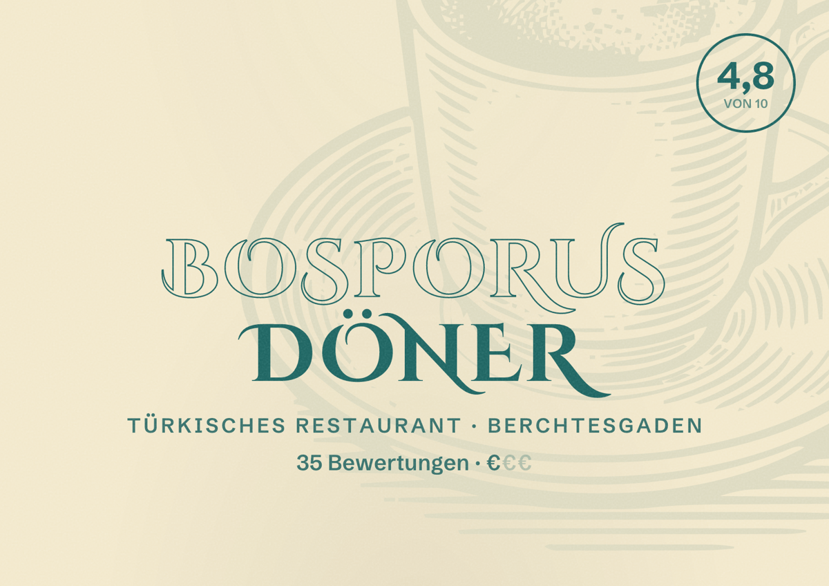 Illustriertes Poster von Bosporus Döner, Türkisches Restaurant in Berchtesgaden: Bewertung 4,8 von 10 aus 35 Bewertungen, Preisniveau €