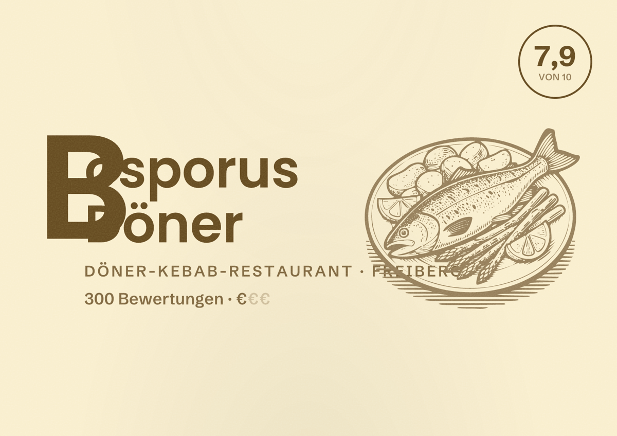 Illustriertes Poster von Bosporus Döner, Döner-Kebab-Restaurant in Freiberg: Bewertung 7,9 von 10 aus 300 Bewertungen, Preisniveau €