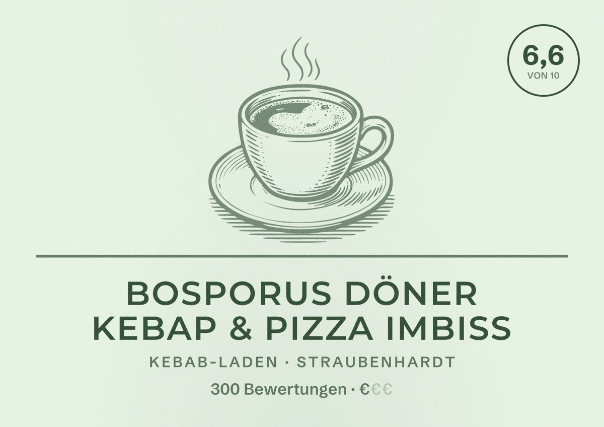 Illustriertes Poster von Bosporus Döner Kebap & Pizza Imbiss, Kebab-Laden in Straubenhardt: Bewertung 6,6 von 10 aus 300 Bewertungen, Preisniveau €
