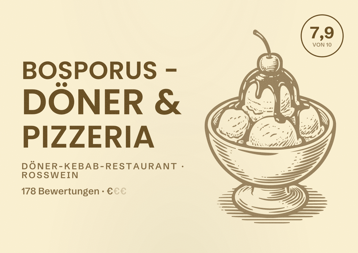 Illustriertes Poster von Bosporus - Döner & Pizzeria, Döner-Kebab-Restaurant in Roßwein: Bewertung 7,9 von 10 aus 178 Bewertungen, Preisniveau €