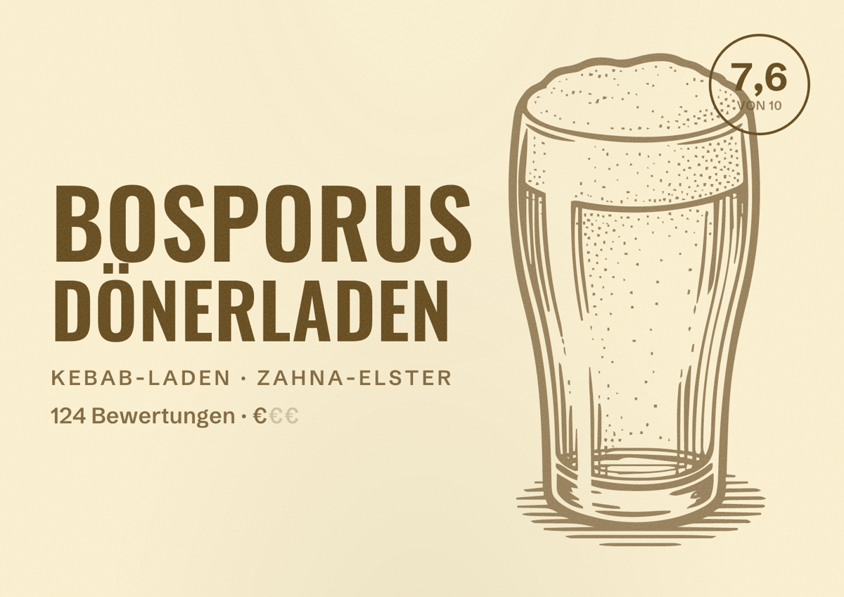 Illustriertes Poster von Bosporus Dönerladen, Kebab-Laden in Zahna-Elster: Bewertung 7,6 von 10 aus 124 Bewertungen, Preisniveau €