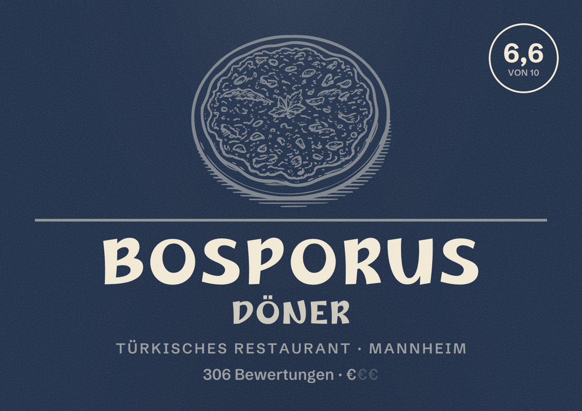 Illustriertes Poster von Bosporus Döner, Türkisches Restaurant in Mannheim: Bewertung 6,6 von 10 aus 306 Bewertungen, Preisniveau €