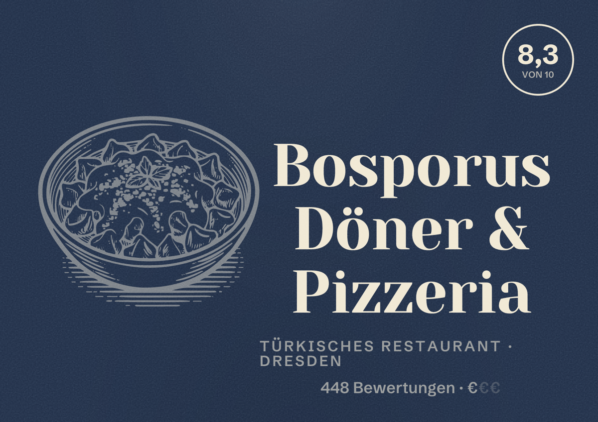 Illustriertes Poster von Bosporus Döner & Pizzeria, Türkisches Restaurant in Dresden: Bewertung 8,3 von 10 aus 448 Bewertungen, Preisniveau €