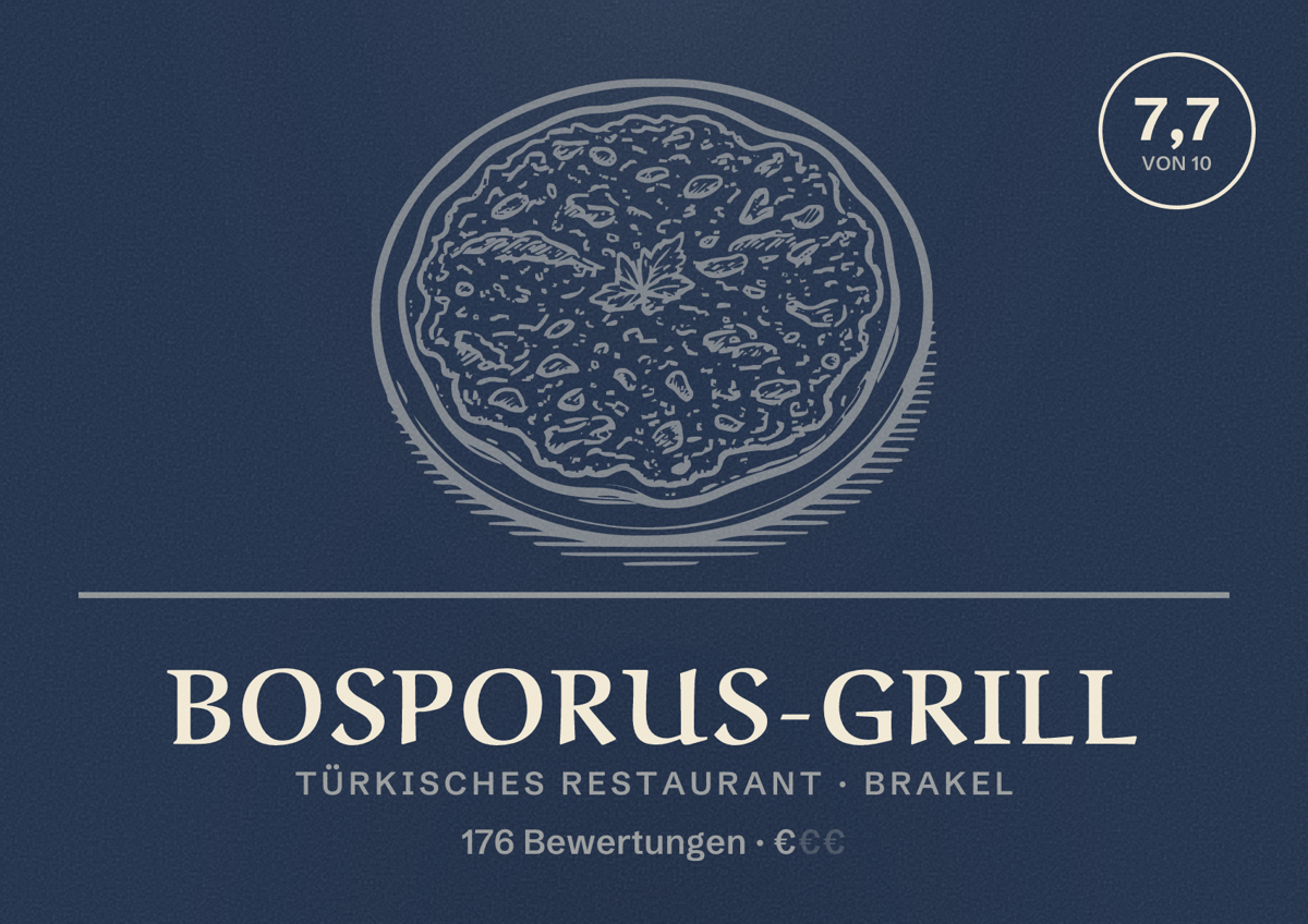 Illustriertes Poster von Bosporus-Grill, Türkisches Restaurant in Brakel: Bewertung 7,7 von 10 aus 176 Bewertungen, Preisniveau €