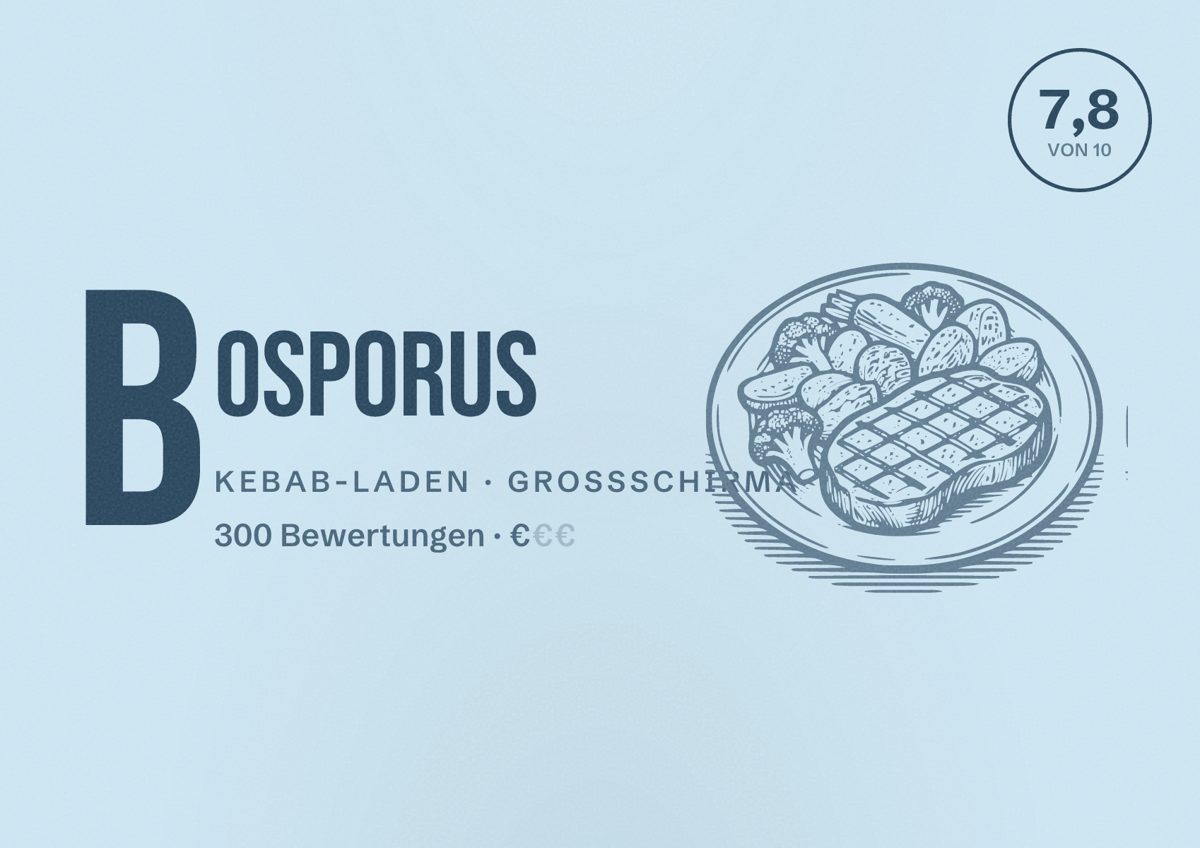 Illustriertes Poster von Bosporus, Kebab-Laden in Großschirma: Bewertung 7,8 von 10 aus 300 Bewertungen, Preisniveau €