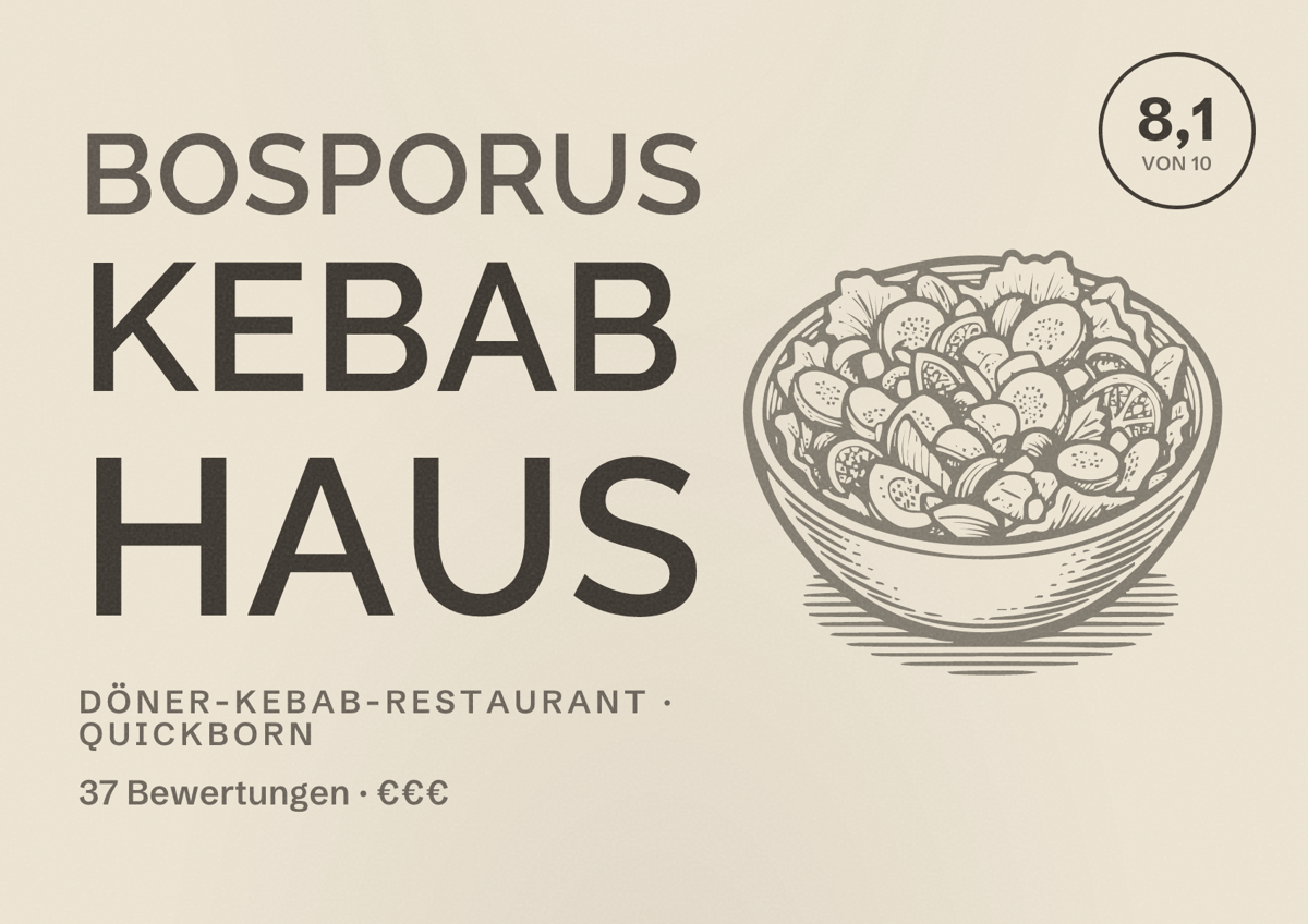 Illustriertes Poster von Bosporus Kebab Haus, Döner-Kebab-Restaurant in Quickborn: Bewertung 8,1 von 10 aus 37 Bewertungen, Preisniveau €€€