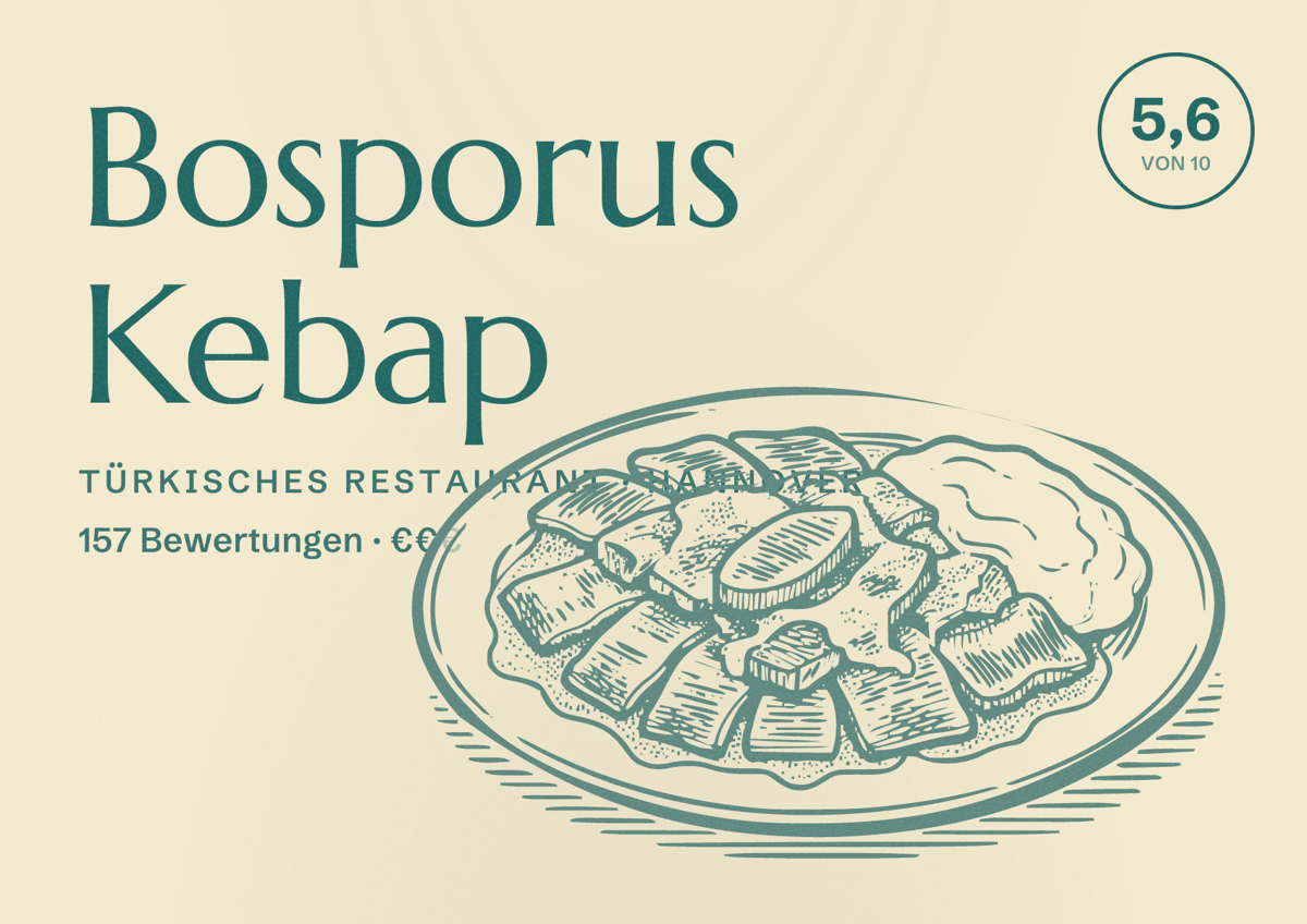 Illustriertes Poster von Bosporus Kebap, Türkisches Restaurant in Hannover: Bewertung 5,6 von 10 aus 157 Bewertungen, Preisniveau €€