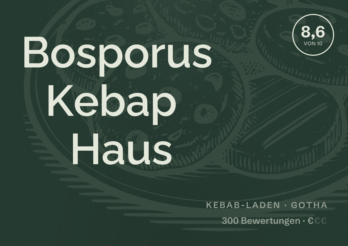 Illustriertes Poster von Bosporus Kebap Haus, Kebab-Laden in Gotha: Bewertung 8,6 von 10 aus 300 Bewertungen, Preisniveau €