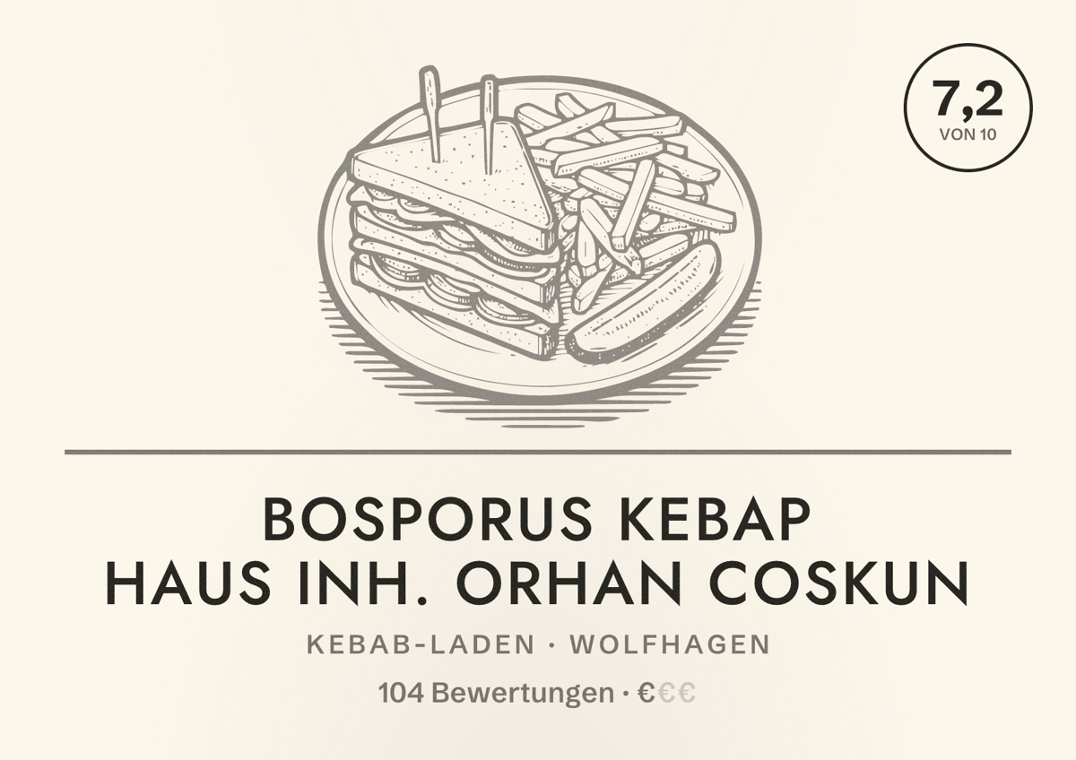 Illustriertes Poster von Bosporus Kebap Haus Inh. Orhan Coskun, Kebab-Laden in Wolfhagen: Bewertung 7,2 von 10 aus 104 Bewertungen, Preisniveau €