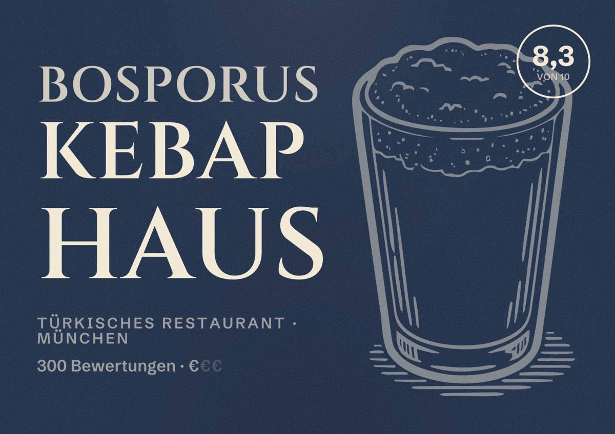 Illustriertes Poster von Bosporus Kebap Haus, Türkisches Restaurant in München: Bewertung 8,3 von 10 aus 300 Bewertungen, Preisniveau €